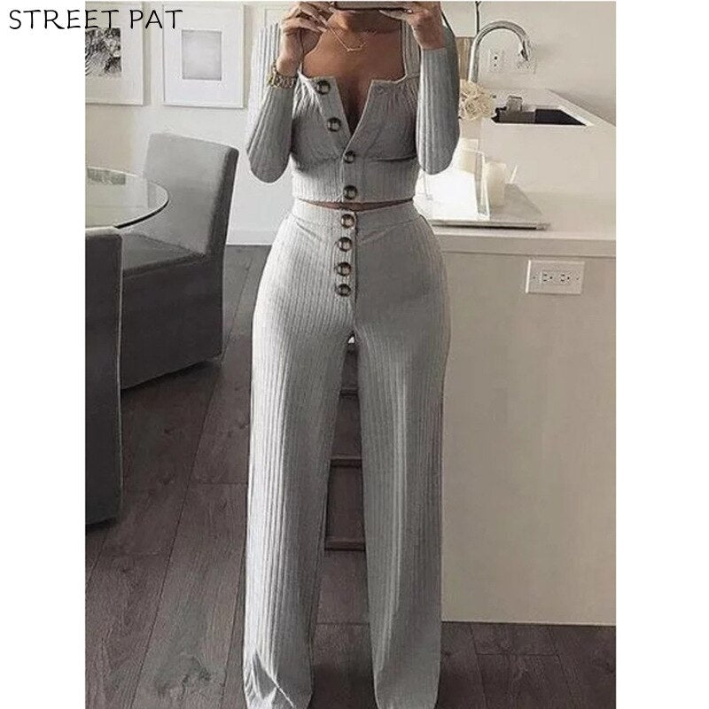 Cardigan Slim Two Piece Set Women Knitted Tracksuit Sexy Crop Top Pants Solid Color Sweatpants Fitness Sweatsuit 2020 Fall