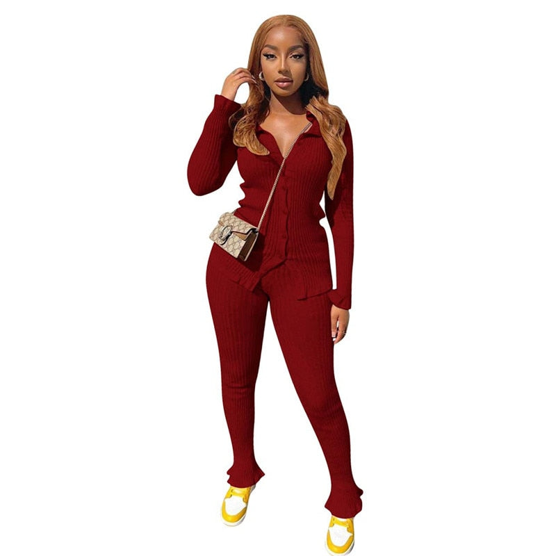 Autumn Women Knitted Tracksuit Long Sleeve Cardigan Sweater Skinny Pants Two Piece Set Ribbed Leggings Streetwear Outfits Ladies