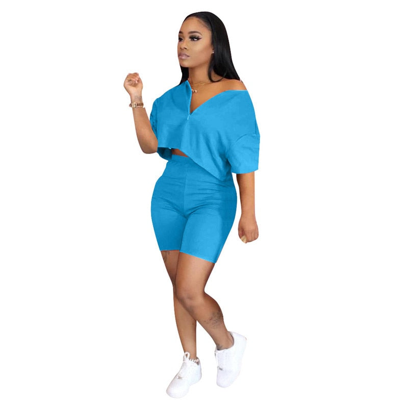 Plus Size Two Piece Set Women Clothes 2020 Casual Tracksuit Crop Top Biker Shorts Set Lounge Wear Matching Sets 2 Piece Outfits