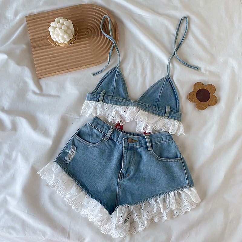 Lolita Girls Blue Denim Lace Two Piece Set Sexy Women Bustier Camis Crop Top High Waist Shorts Outfits Sexy Femenino 2 Piece Set