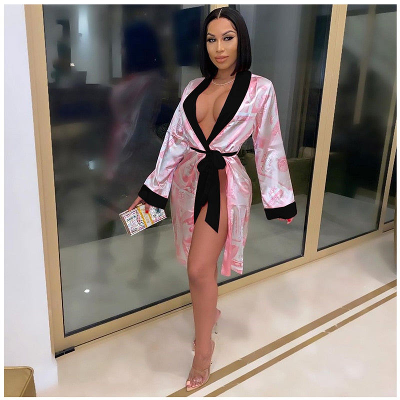 Bonnie Forest Womens Money Printed Sleep Mini Dress Lounge Wear 2022 New Fashion Belted Night Out Dress Homewear Party Club Robe
