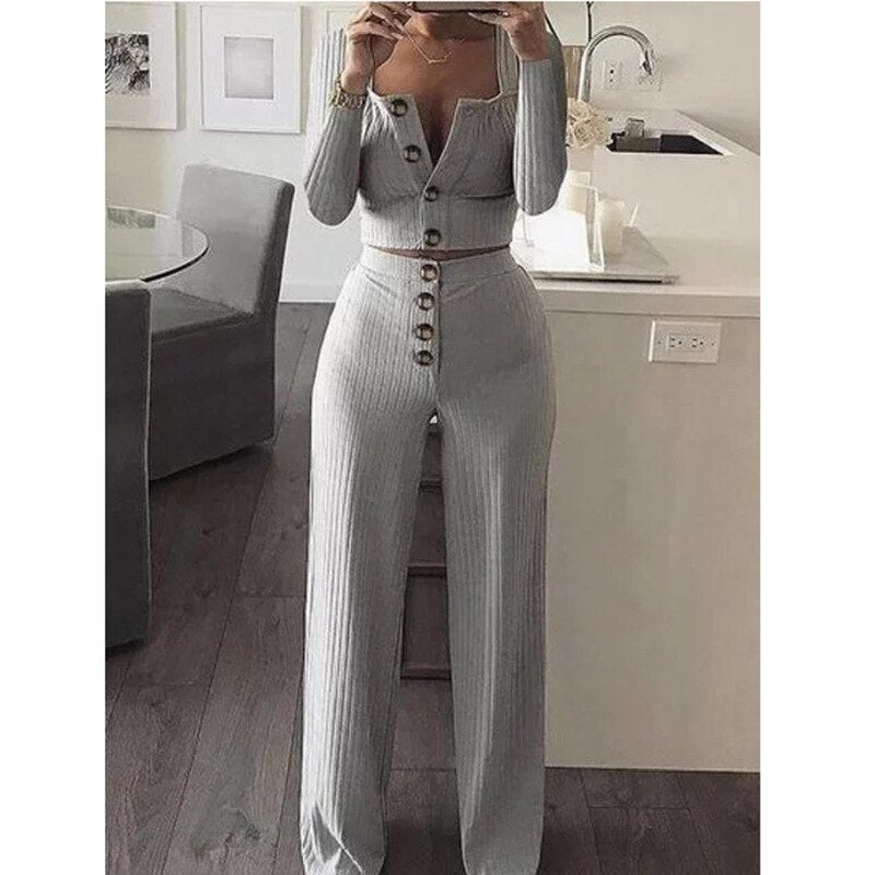 Cardigan Slim Two Piece Set Women Knitted Tracksuit Sexy Crop Top Pants Solid Color Sweatpants Fitness Sweatsuit 2020 Fall