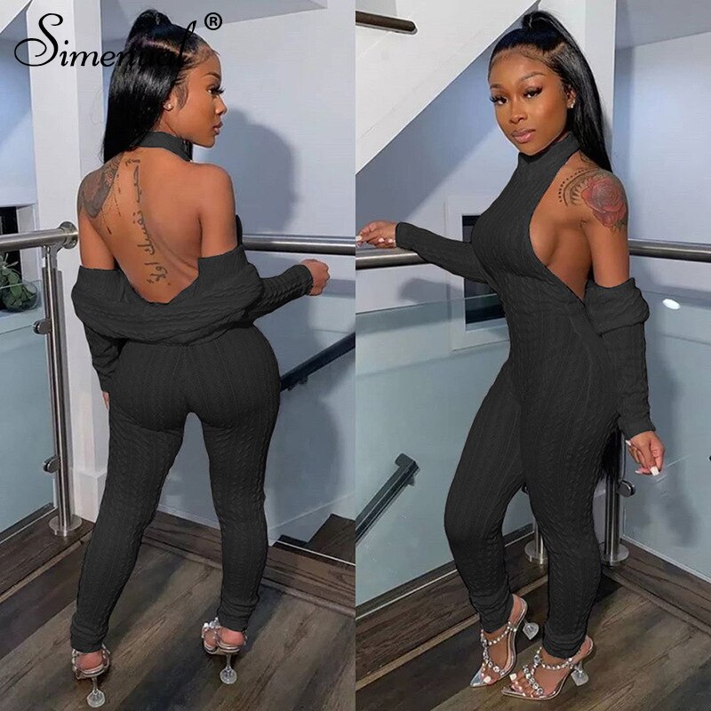 Simenual Knitting Twist Crop Top And Jumpsuit Matching Sets Casual Long Sleeve Women Halter Clothing Bodycon 2 Piece Outfits Hot
