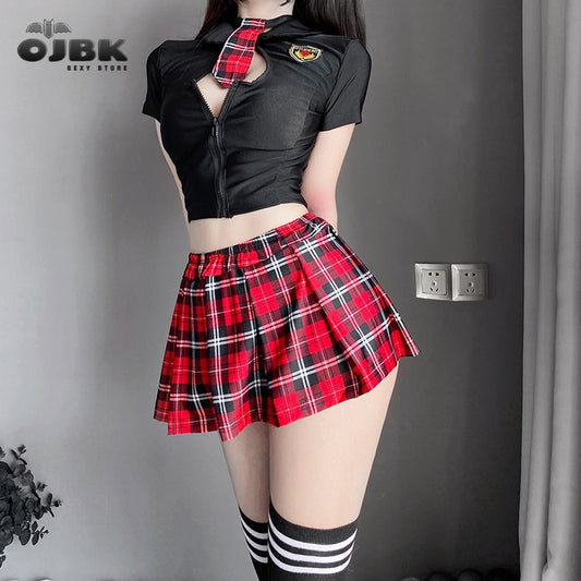 Tartan Patchwork Japanese Schoolgirl Cosplay Uniform Set Sexy JK Embroidery Pleated Role Playing Costume With Plaid Skirt Socks