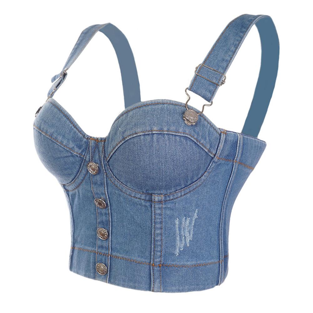 SXTHAENOO Fashion Sexy Denim Jeans Women's Button Bustier Bra Night Club Party Cropped Top Vest Plus Size