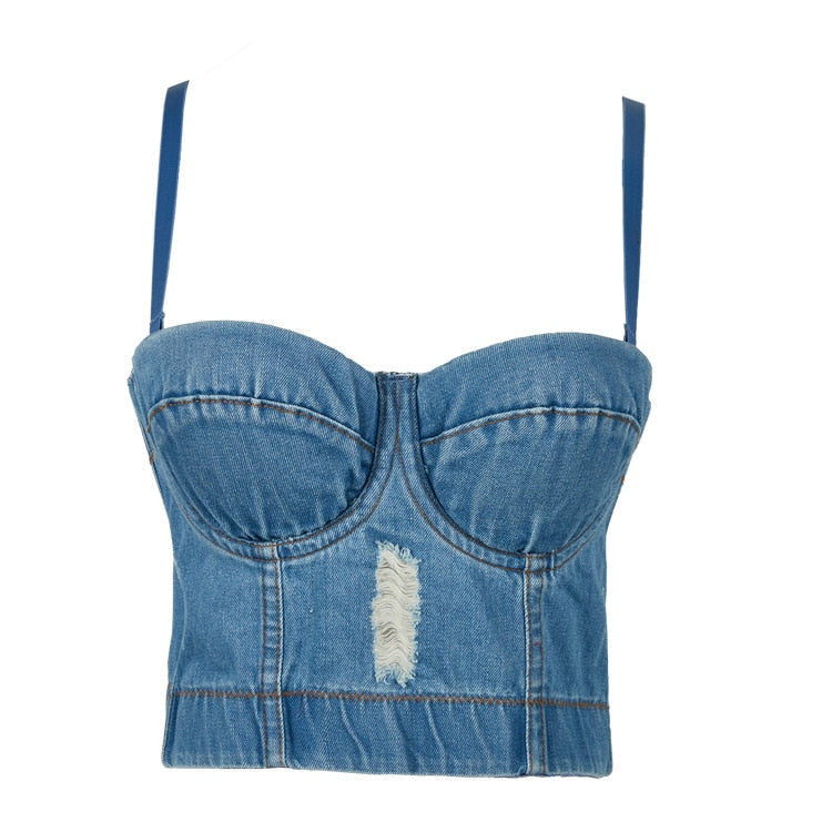 SXTHAENOO Fashion Sexy Denim Jeans Women's Button Bustier Bra Night Club Party Cropped Top Vest Plus Size