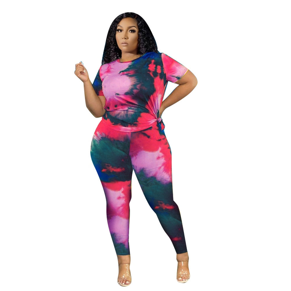 Plus Size Women Clothing 2 Piece Set Outfits Tie Dye Pants Sets Crop and Top Summer Fashion Streetwear Wholesale Dropshipping