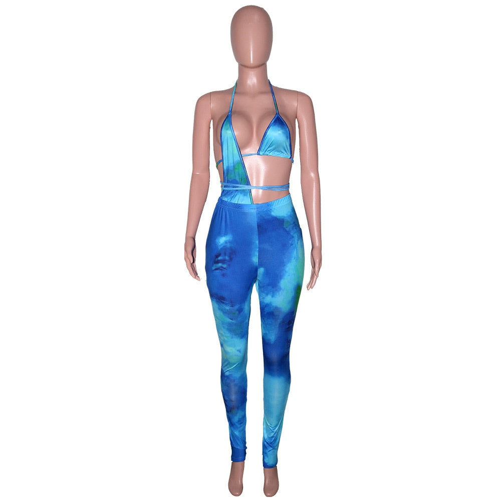 hirigin Gradient Tie Dye Print Jumpsuits for Women Halter Neck Backless Party Club Outfit Summer Hollow Irregular Catsuits