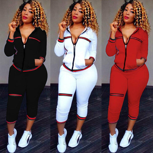 2021 Autumn Women's Sportswear 2pcs Women's Hooded Long Sleeve Zip Crop Tops Long Pants Trousers Loose Casual Clothes Set