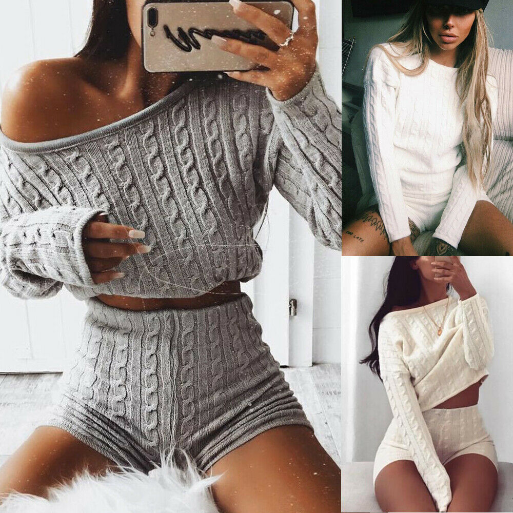 NEW 2020 Knit 2 Piece Set Women's Long Sleeve Crop Tops &amp; Short Pants Sexy Winter Sweater Two Piece Clothing Set