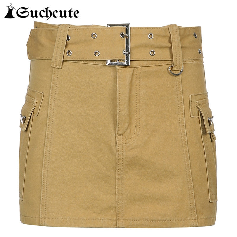 SUCHCUTE Streetwear Cargo Mini Skirts Women Harajuku Vintage 90s Casual Hight Waist Sexy Clubwear Clothes Belt Denim Short Skirt