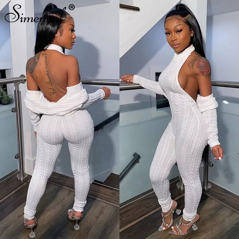 Simenual Knitting Twist Crop Top And Jumpsuit Matching Sets Casual Long Sleeve Women Halter Clothing Bodycon 2 Piece Outfits Hot