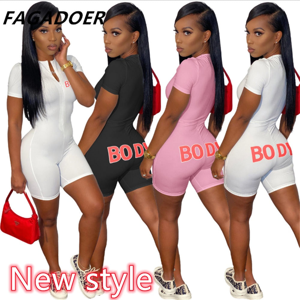 Casual Fashion  PINK Letter Print Skinny Playsuit Short Sleeve Solid Zipper Rompers Female Elastic Slim Bodysuits Summer Outfits
