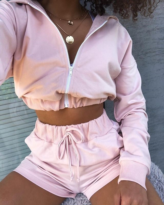 Autumn New Fashion 2Pcs Sports Clothing Suit Casual Womens Girls Zipper Sweater Hoodie Long Sleeve Hoodies+High Wait Shorts Sets