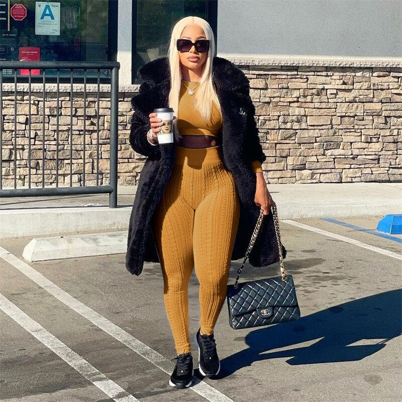 Adogirl Sweater Patchwork Solid Two Piece Set Women Tracksuit Long Sleeve Crop Top High Waist Pants Stretchy Casual Suits