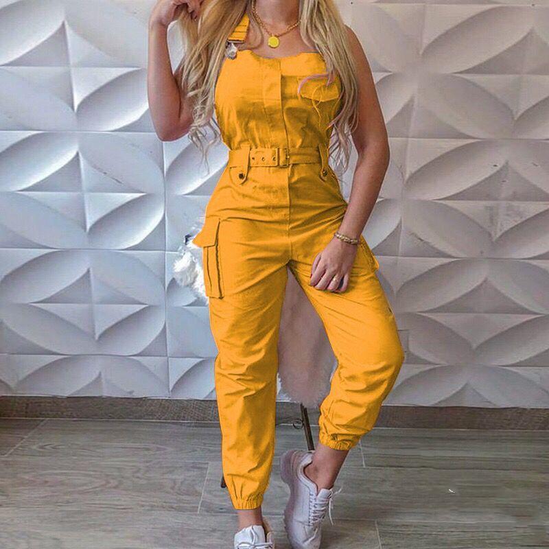 2021 Jumpsuits Women Casual Cargo Playsuit Sleeveless O Neck Jumpsuit With Pocket and Belt Elegant Pencil Pants Loose Overalls