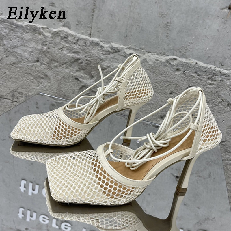 Eilyken 2022 New Sexy Yellow Mesh Pumps Sandals Female Square Toe High Heel Lace Up Cross-Tied Stiletto Hollow Dress Shoes