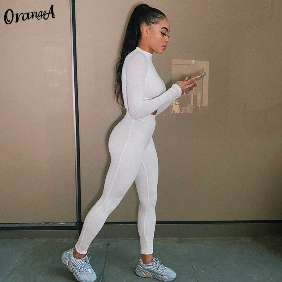 OrangeA turtleneck tracksuit women solid long sleeve crop top leggings sporty bodycon streetwear stretchy matching set outfits