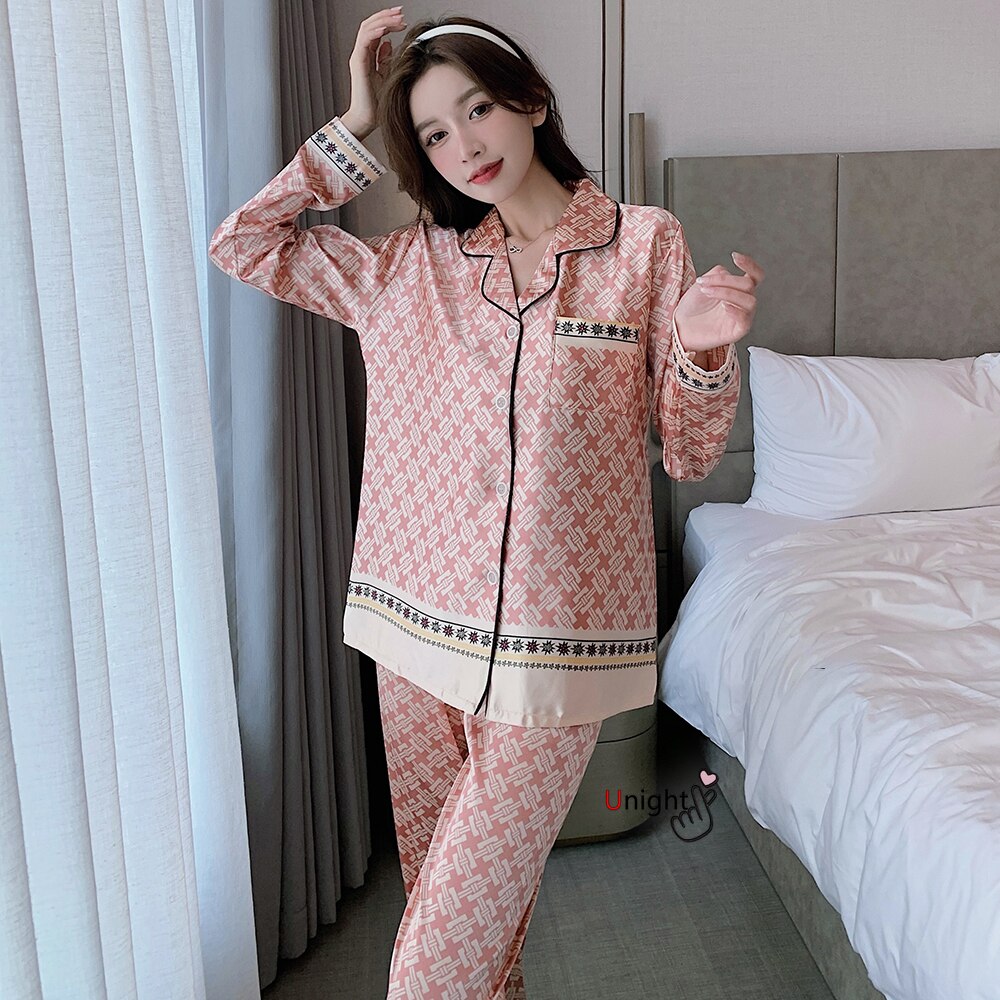 2022 New Spring Satin Silk Home Plaid Trouser Suit oversized 5XL Adult Costume Women's Pajamas for Sleep Luxury Nightwear
