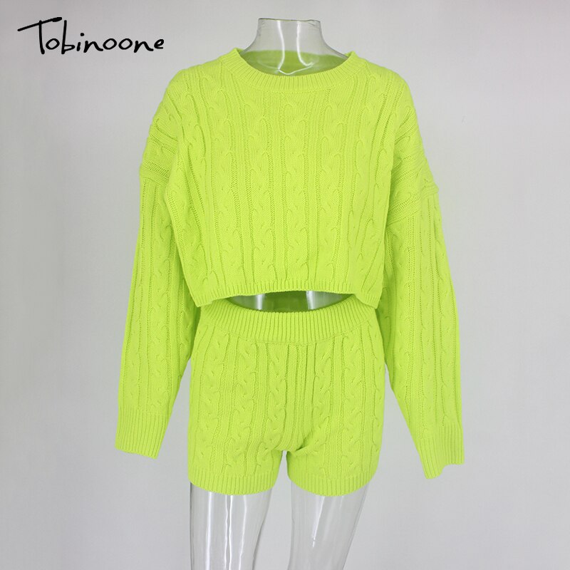 Tobinoone Two Piece Set Women Set Autumn Winter Outfits Long Sleeve Knitted Sweater Top And Shorts Pants Suit Sexy Sweater Set