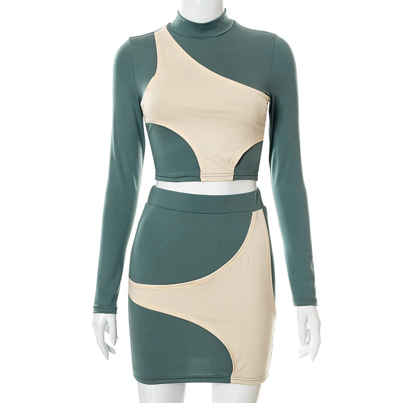 ANJAMANOR Sexy Colorblock Two Piece Set Long Sleeve Crop Top and Mini Skirt Suits for Women 2021 Clubwear Bodycon Dress D85-CF24
