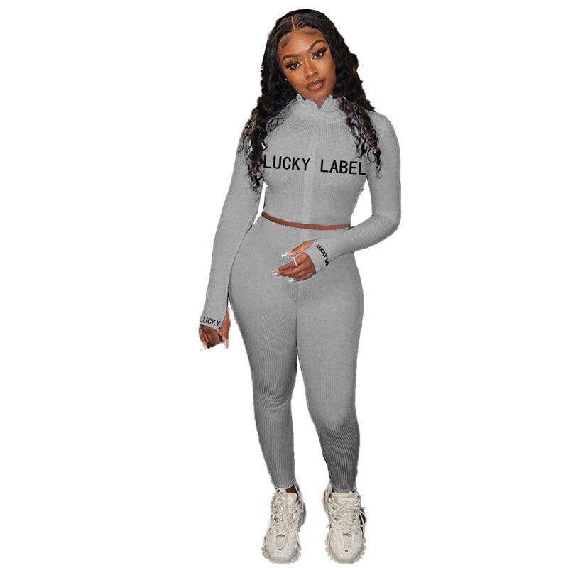 Lucky Label 2 Piece Set Women Fall Fitness Outfit Tracksuit Stretch Knitted Top Leggings Matching Set Girl Wholesale Dropshpping