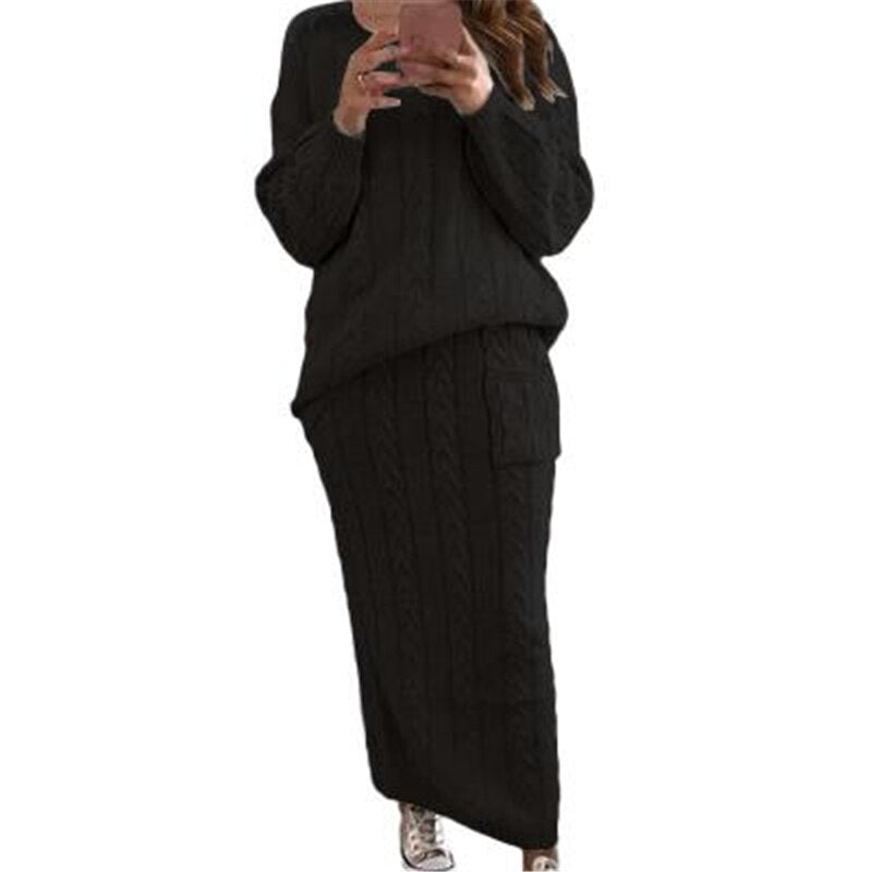 Fashion Streetwear Ribbed Knitted 2 Piece Outfits Full Sleeve Sweater Matching Set Plus Size Skirt Elegant Casual Fall Clothing