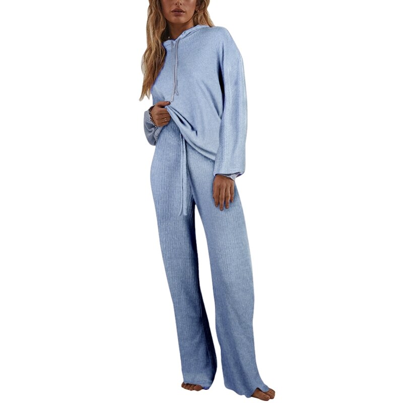 Autumn Knitted Sweat Suits Women Matching Sets Long Sleeve Hoodie+wide-legged Pants Loungewear Sweater Set Two Piece Outfits