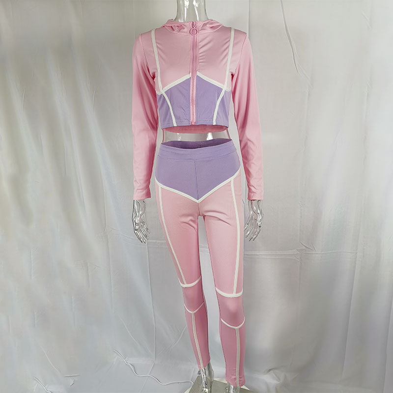 ANJAMANOR Caged Color Block Fashion Sweat Suits Women Tracksuit Zip Up Cropped Hoodie and Pants Two Piece Matching Sets D48-DE42