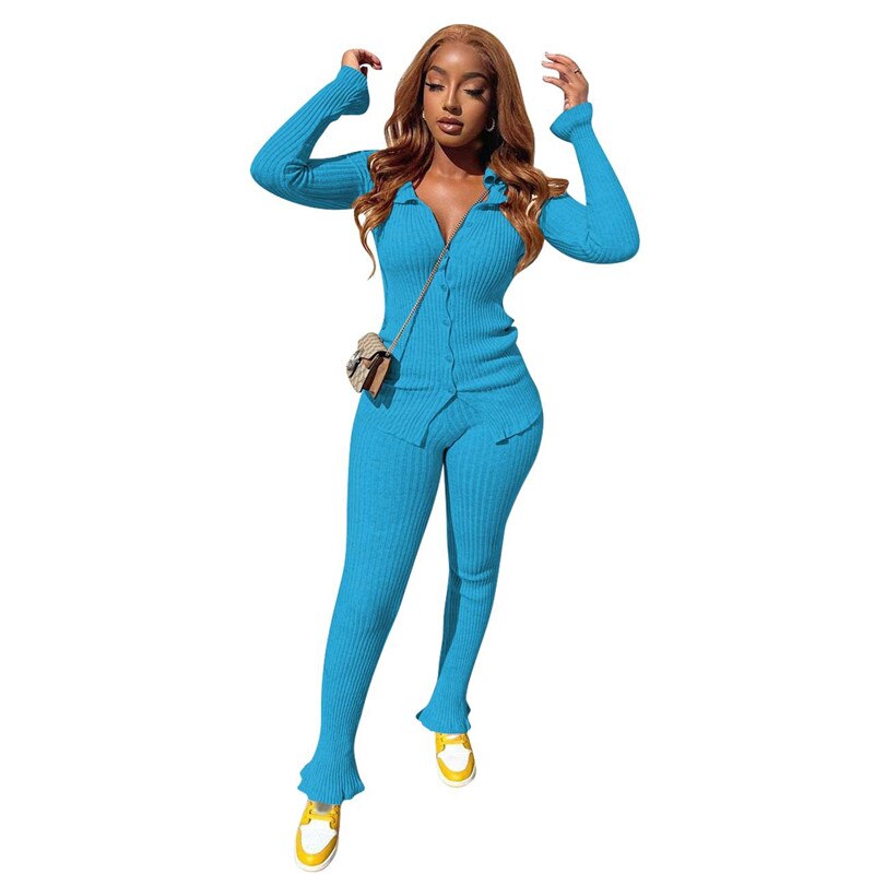 Autumn Women Knitted Tracksuit Long Sleeve Cardigan Sweater Skinny Pants Two Piece Set Ribbed Leggings Streetwear Outfits Ladies