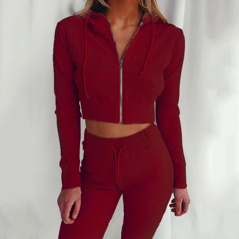 Ribbed Hoodie Two Piece Set Tracksuit Women Long Sleeve Sweatshirt Pencil Pants Suit Joggers Sport Fitness Outfits Sweatsuits