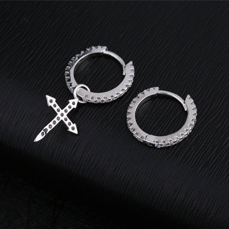 New Fashion Mini Zircon Cross Drop Pendant Hoop Earrings Hip Hop Asymmetric Dangle Earrings For Women Men Jewelry Ear Accessorie