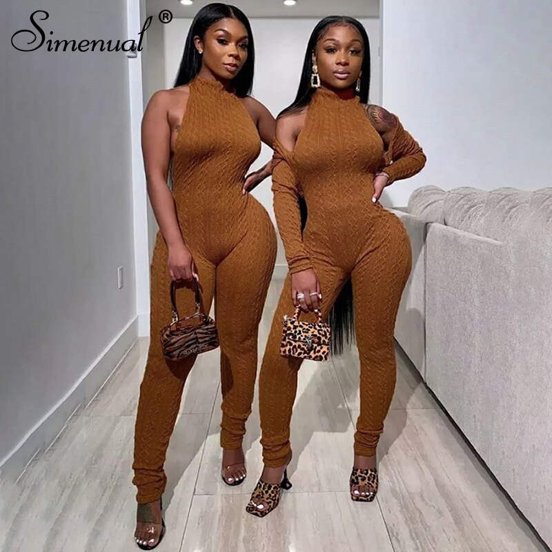 Simenual Knitting Twist Crop Top And Jumpsuit Matching Sets Casual Long Sleeve Women Halter Clothing Bodycon 2 Piece Outfits Hot