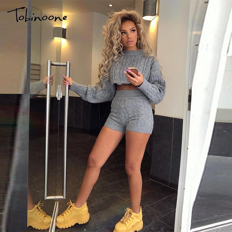 Tobinoone Two Piece Set Women Set Autumn Winter Outfits Long Sleeve Knitted Sweater Top And Shorts Pants Suit Sexy Sweater Set