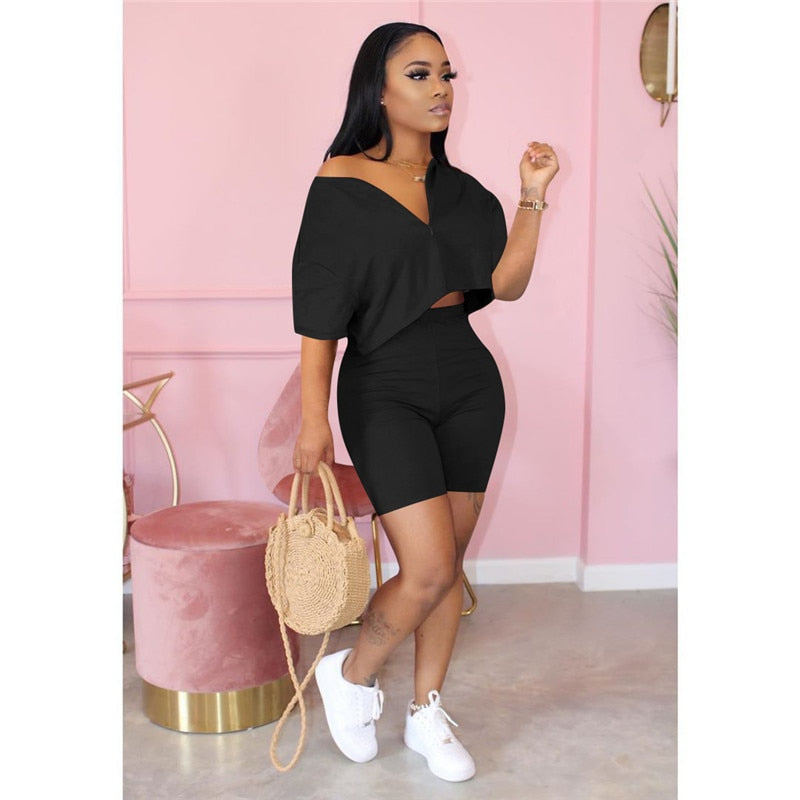 Plus Size Two Piece Set Women Clothes 2020 Casual Tracksuit Crop Top Biker Shorts Set Lounge Wear Matching Sets 2 Piece Outfits