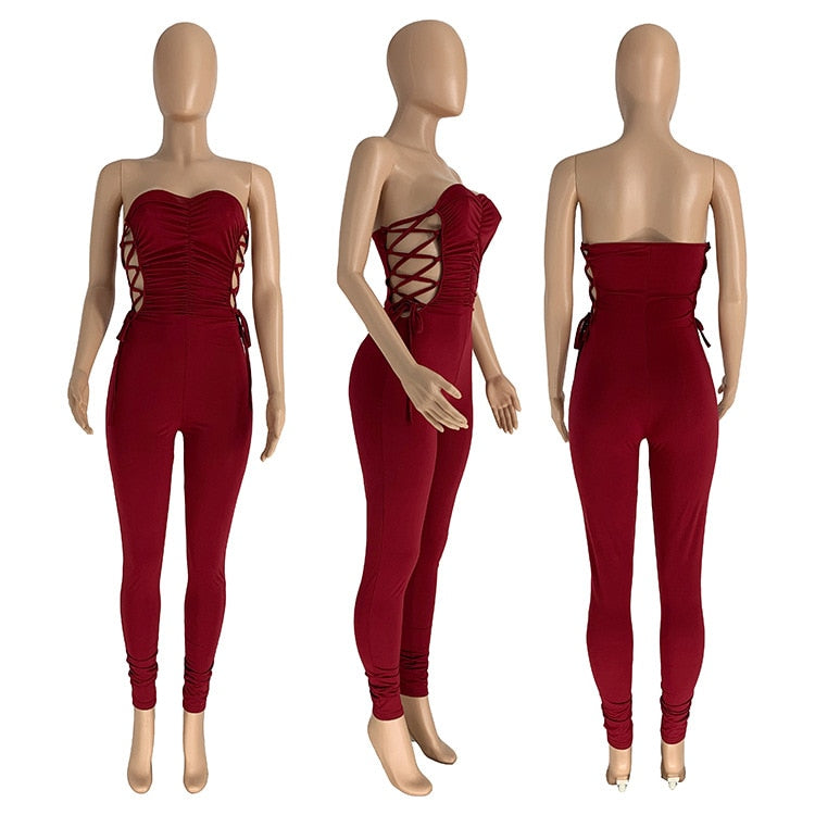 Sexy Off Shoulder Women Jumpsuit Pleated Fitness Streetwear Sleeveless Party Night Long Romper Women Jumpsuit Outfit