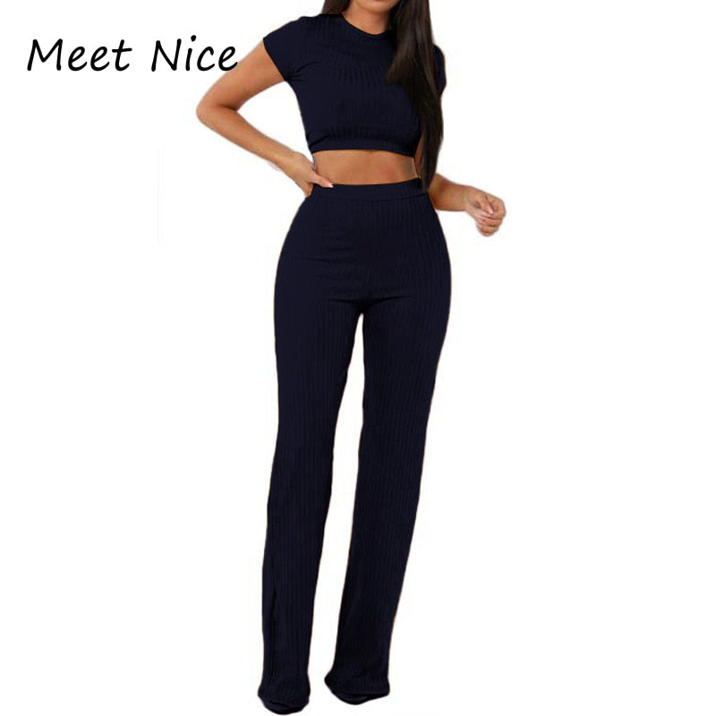 2 Two Piece Set Women Ribbed O Neck Crop Top and Long Pants Set Sexy Autumn Short Sleeve Tracksuit Women Conjunto Feminino 2022