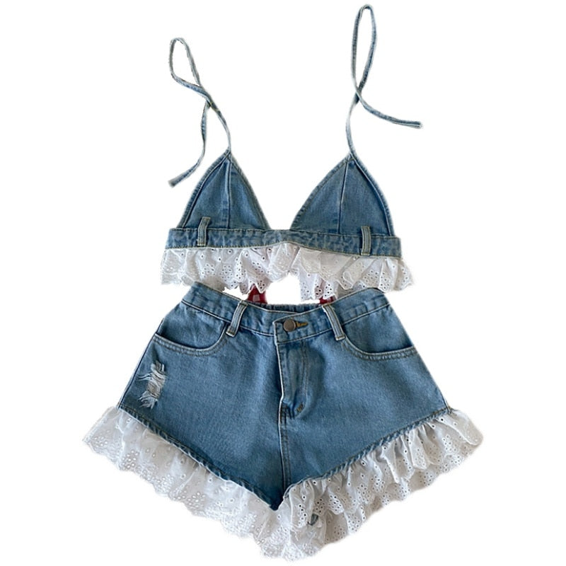 Lolita Girls Blue Denim Lace Two Piece Set Sexy Women Bustier Camis Crop Top High Waist Shorts Outfits Sexy Femenino 2 Piece Set