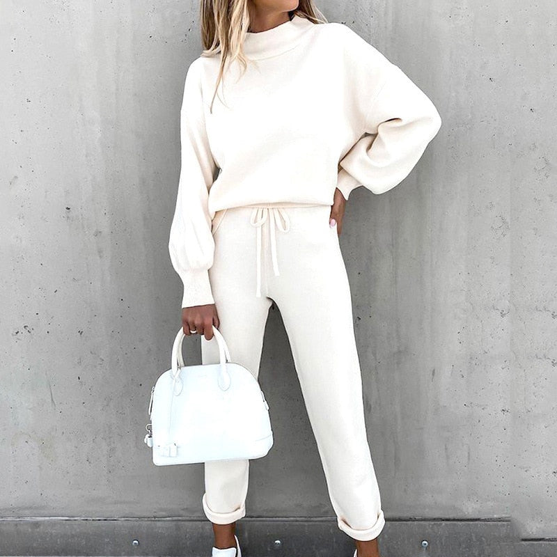 2021 autumn and winter new style women's fashion high collar leisure long sleeve solid color sweater pants two-piece set