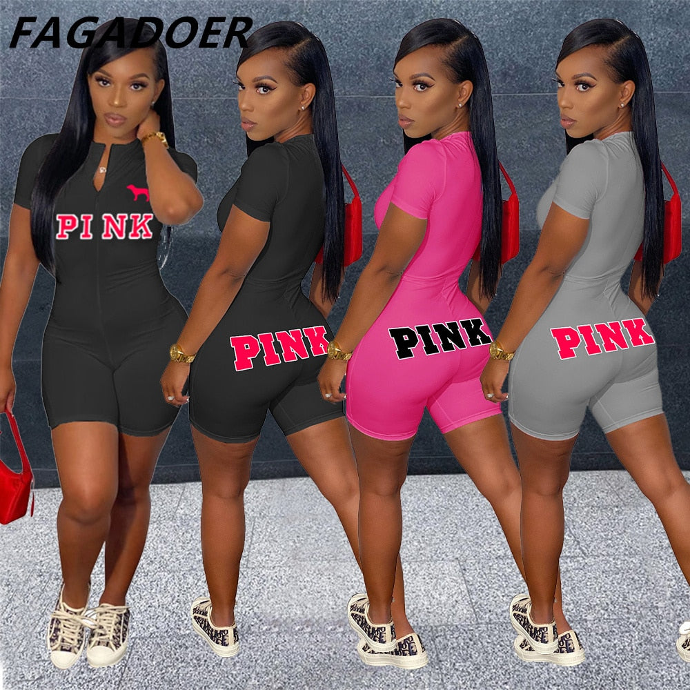Casual Fashion  PINK Letter Print Skinny Playsuit Short Sleeve Solid Zipper Rompers Female Elastic Slim Bodysuits Summer Outfits