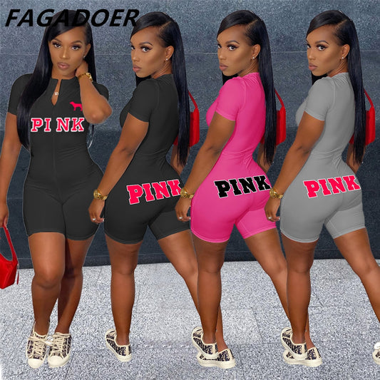 Casual Fashion  PINK Letter Print Skinny Playsuit Short Sleeve Solid Zipper Rompers Female Elastic Slim Bodysuits Summer Outfits