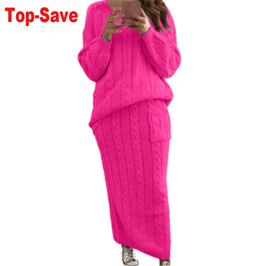 Fashion Streetwear Ribbed Knitted 2 Piece Outfits Full Sleeve Sweater Matching Set Plus Size Skirt Elegant Casual Fall Clothing
