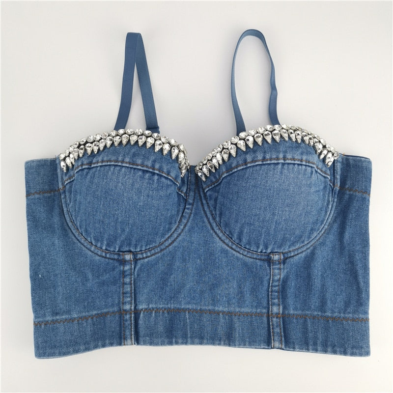 SXTHAENOO Fashion Sexy Denim Jeans Women's Button Bustier Bra Night Club Party Cropped Top Vest Plus Size