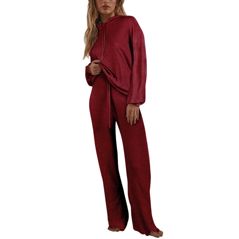 Autumn Knitted Sweat Suits Women Matching Sets Long Sleeve Hoodie+wide-legged Pants Loungewear Sweater Set Two Piece Outfits