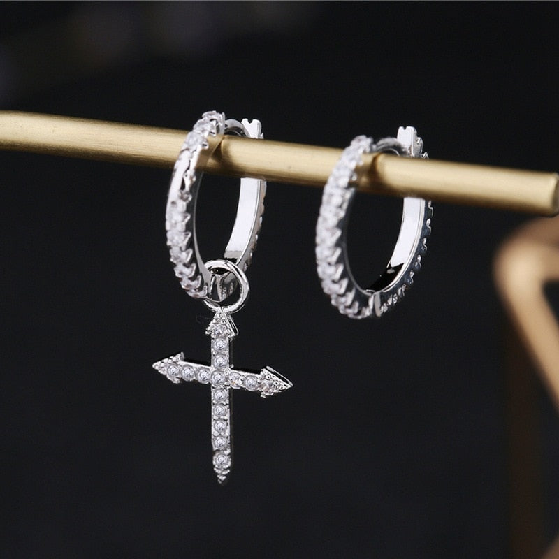 New Fashion Mini Zircon Cross Drop Pendant Hoop Earrings Hip Hop Asymmetric Dangle Earrings For Women Men Jewelry Ear Accessorie