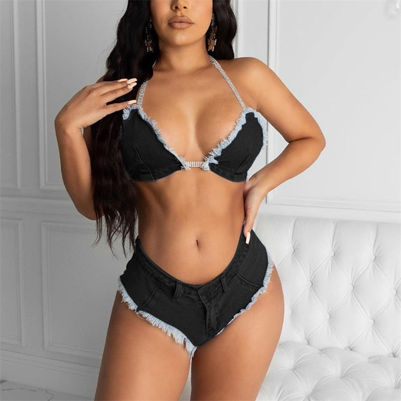 CHRONSTYLE Sexy Jean Summer 2 Piece Denim Off Shoulder Bra Crop Tops Biker Shorts Outfits Women Summer Clubwear Tracksuits 2021