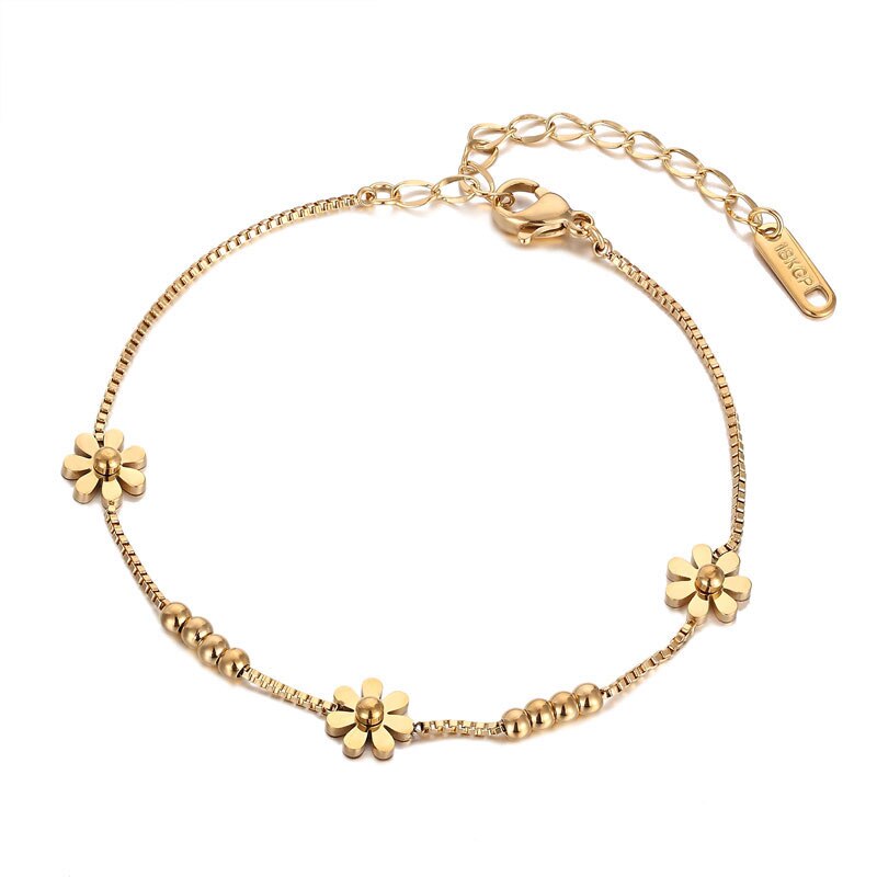 High Quality Box Chain Chrysanthemum And Beads Woman Anklet Top Quality Stainless Steel Gold And Rose Gold Color Anklet Gift