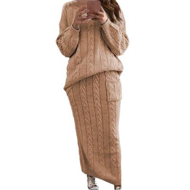 Fashion Streetwear Ribbed Knitted 2 Piece Outfits Full Sleeve Sweater Matching Set Plus Size Skirt Elegant Casual Fall Clothing