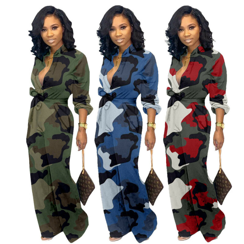Camo Print Women Jumpsuit Autumn Long Sleeve Wide Leg Pants Elegant Rompers Casual Loose Plus size Overalls with Pocket