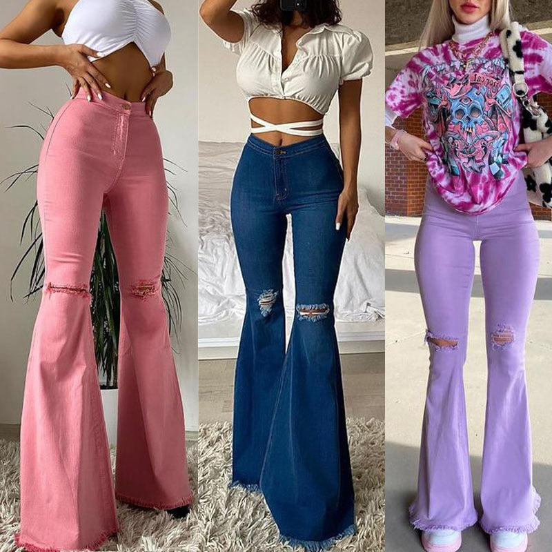 Skinny Flared Jeans High Waist Solid Color Knees Hole Tight Denim Pants Washed Wild Stylish Chic Sexy Tassel Hem Trousers